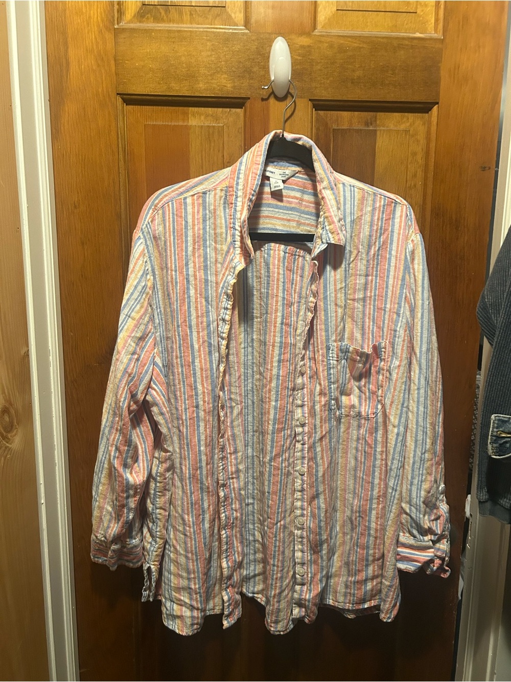 Striped Lightweight Button-Up Shirt in Coral, Blue, Cream